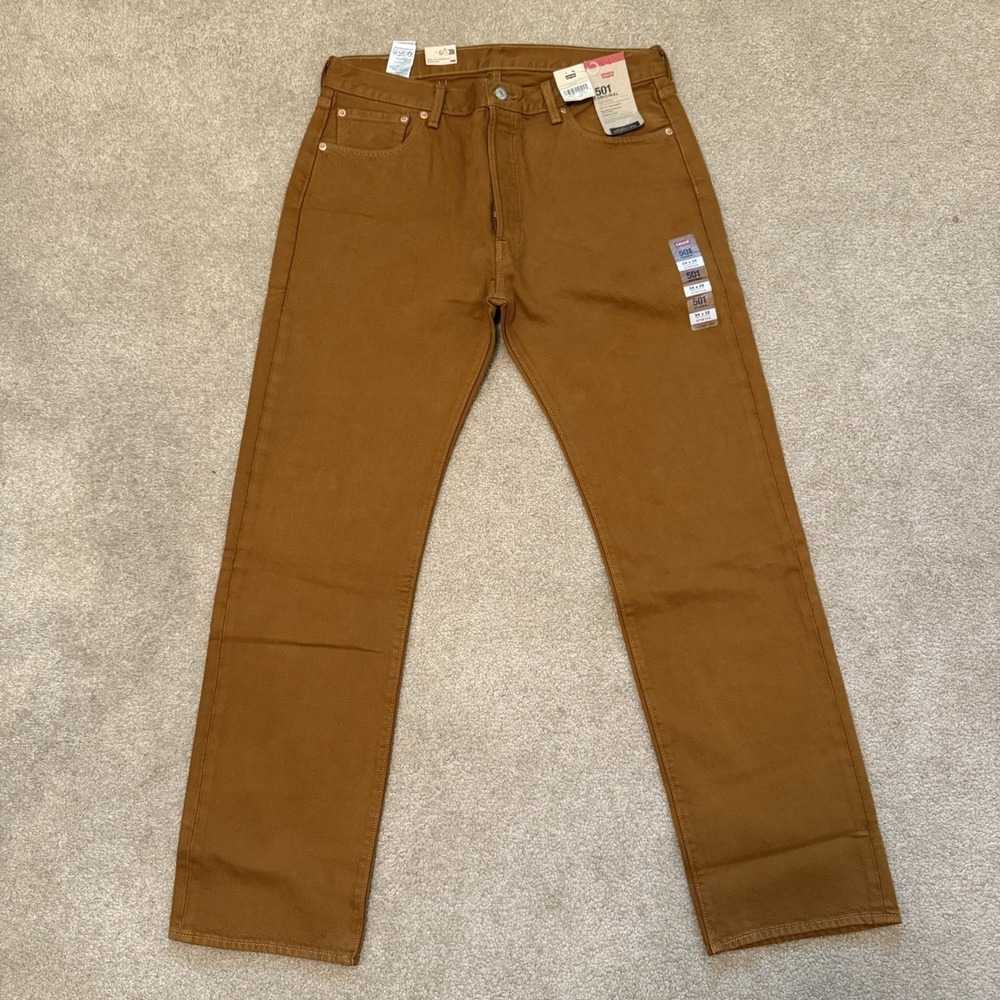 Levi's 501 Jeans Mens 34x32 Tobacco Brown Button Fly Straight Leg Stretch Denim